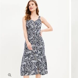 12 Loft Paisley Linen Blend Strappy Button Tiered Midi Dress